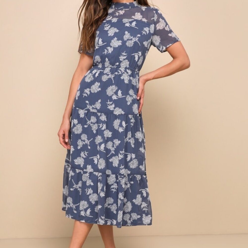 Lulus Floral Dusty Blue Floral Print Midi Dress - Size S
